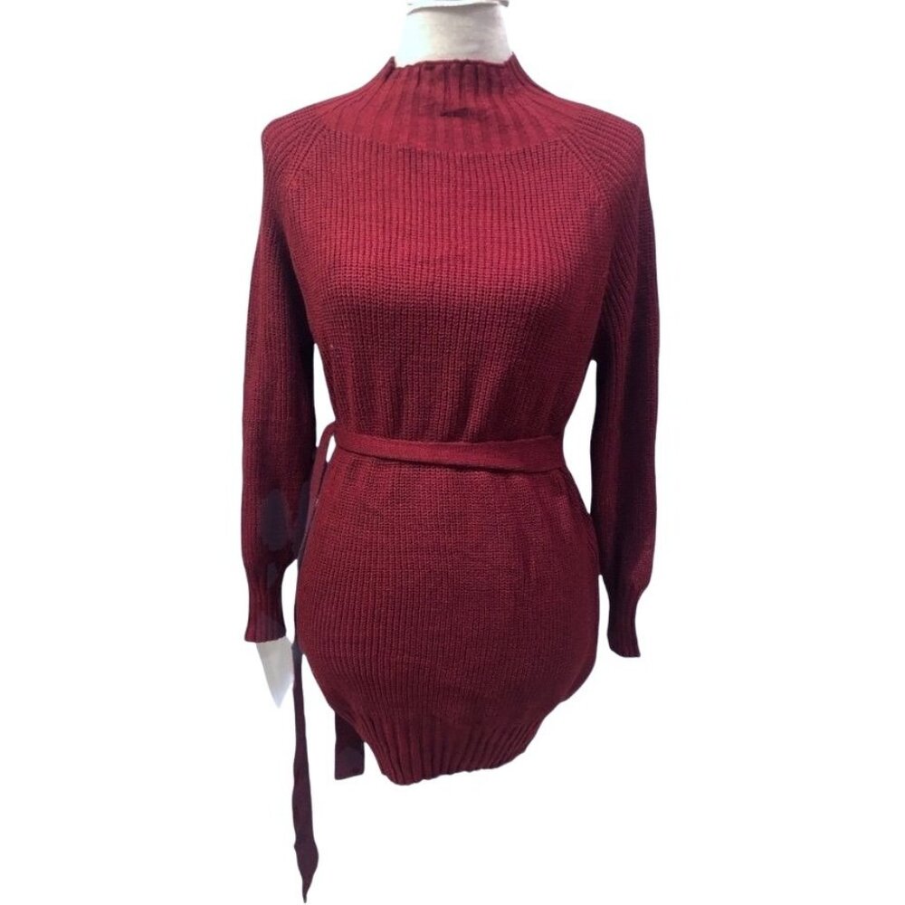 Mock Neck Knit Sweater Dress Tunic Waist Tie Red Small